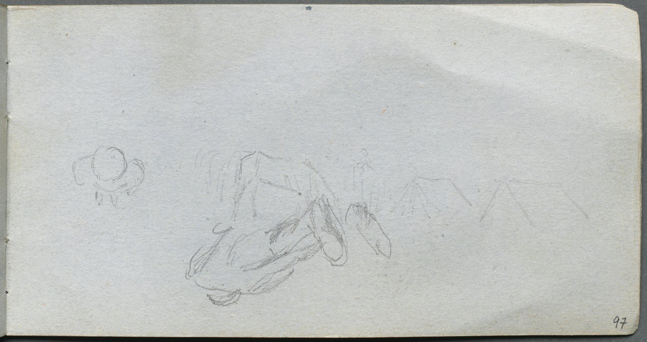 Szkicownik, strona 97: Studium postaci, budynki. autorstwa Jean Louis Ernest Meissonier