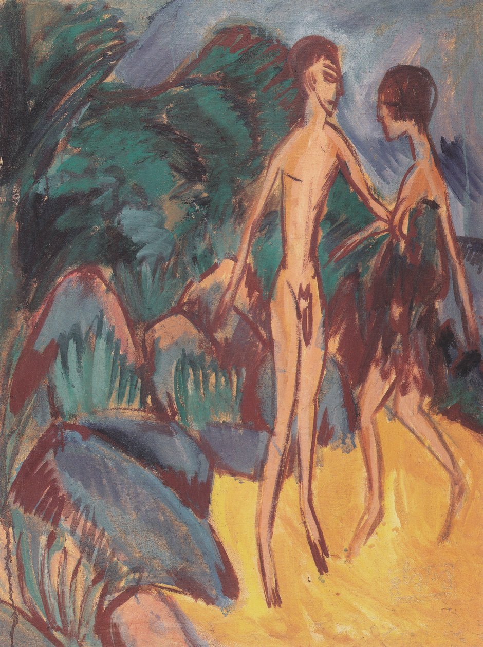 Młody nagi mężczyzna i dziewczyna na plaży autorstwa Ernst Ludwig Kirchner