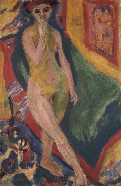 Naga dziewczyna przed zieloną sofą autorstwa Ernst Ludwig Kirchner