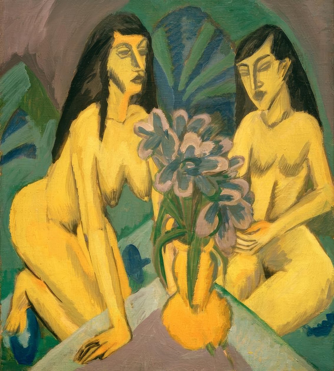 Dwa żółte akty z bukietem kwiatów autorstwa Ernst Ludwig Kirchner