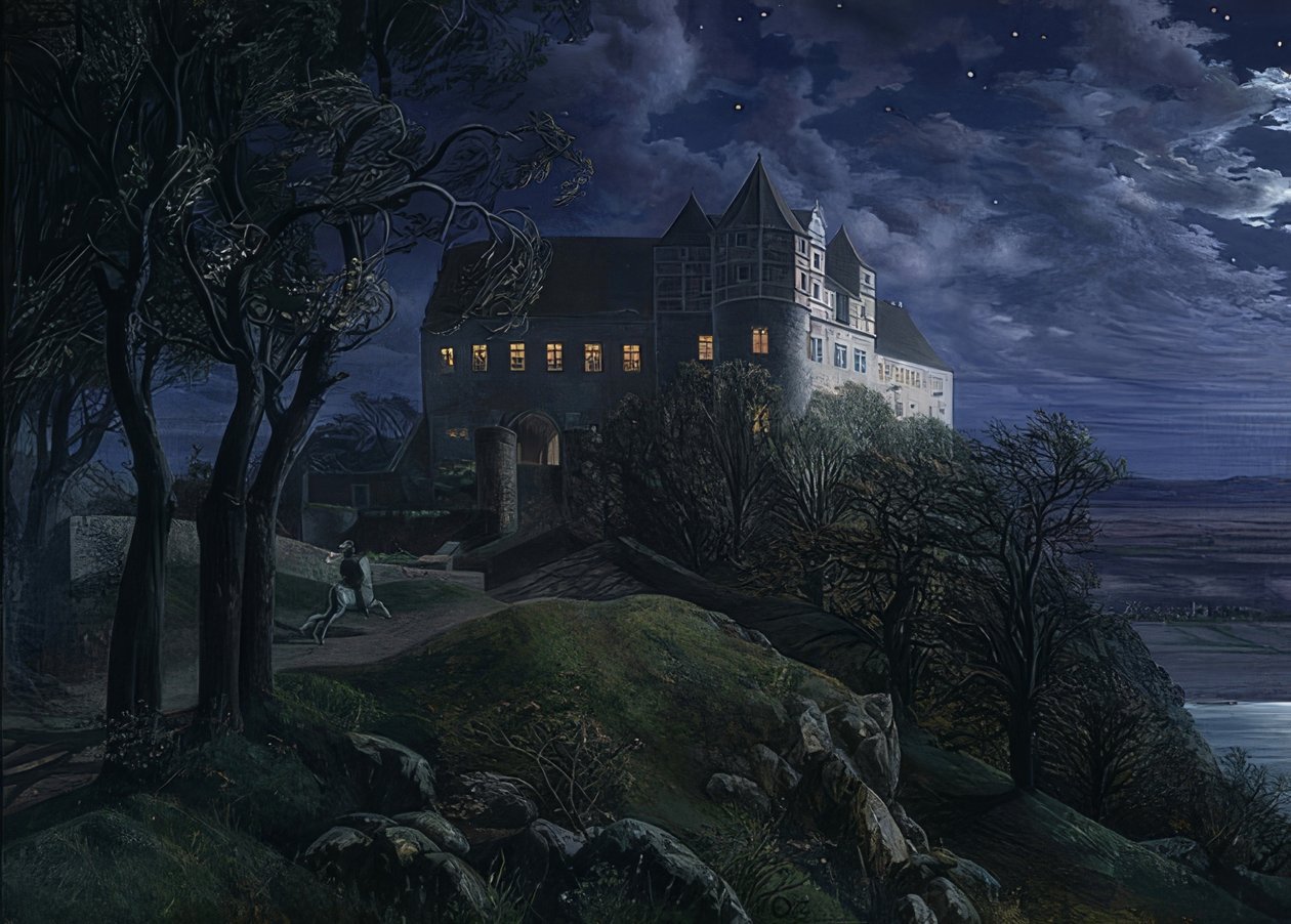 Zamek Scharfenberg w nocy. 1827 autorstwa Ernst Ferdinand Oehme