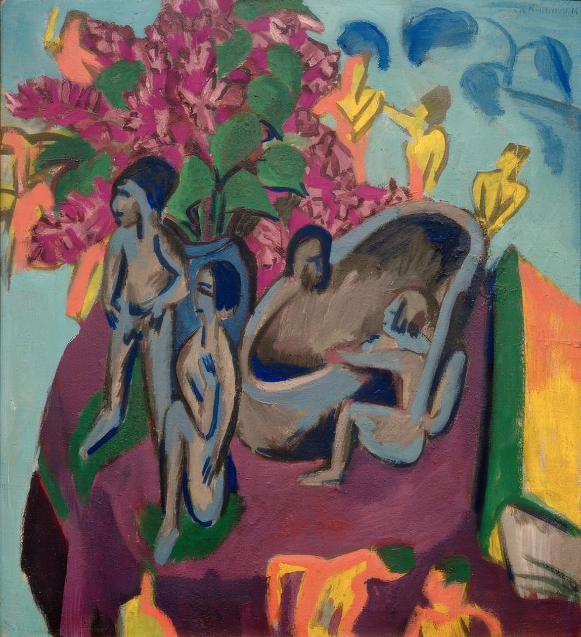 Martwa natura z rzeźbami i kwiatami autorstwa Ernst Ludwig Kirchner