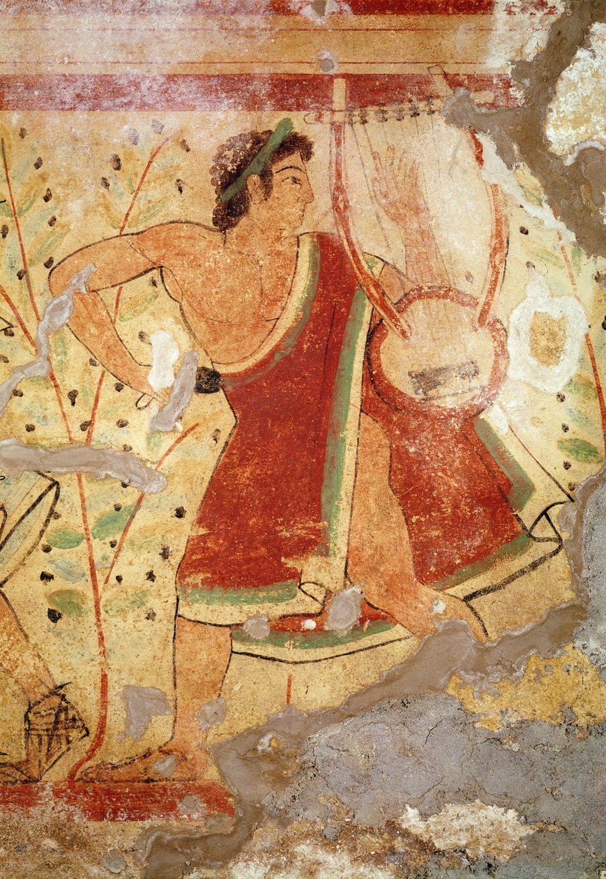 Muzyk grający na cytrze, z Grobu Lampartów, ok. 490 pne (malowidło ścienne) autorstwa Etruscan