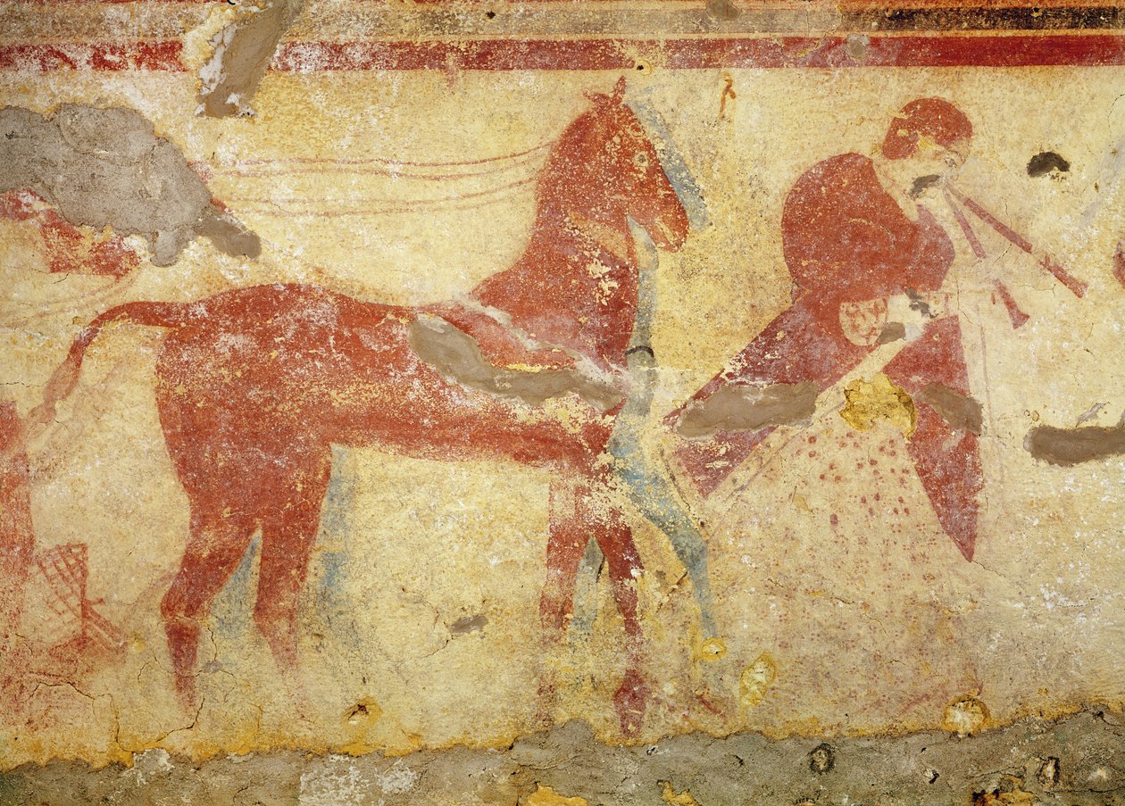 Dwa konie i muzyk, z grobowca Giustiniani, połowa V w. p.n.e. (malowidło ścienne) autorstwa Etruscan
