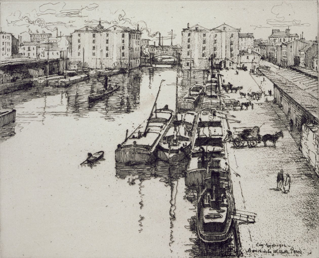 Bassin de la Villette, z „Du Ier au XXeme: Les Arondissements de Paris...”, wydana w 1903 r. autorstwa Eugene Bejot