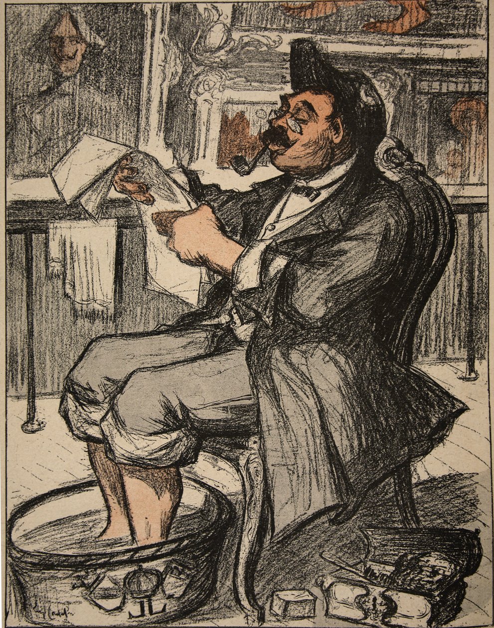 Urzędnik państwowy czyta swoją gazetę z kąpielą stóp, ilustracja z „L