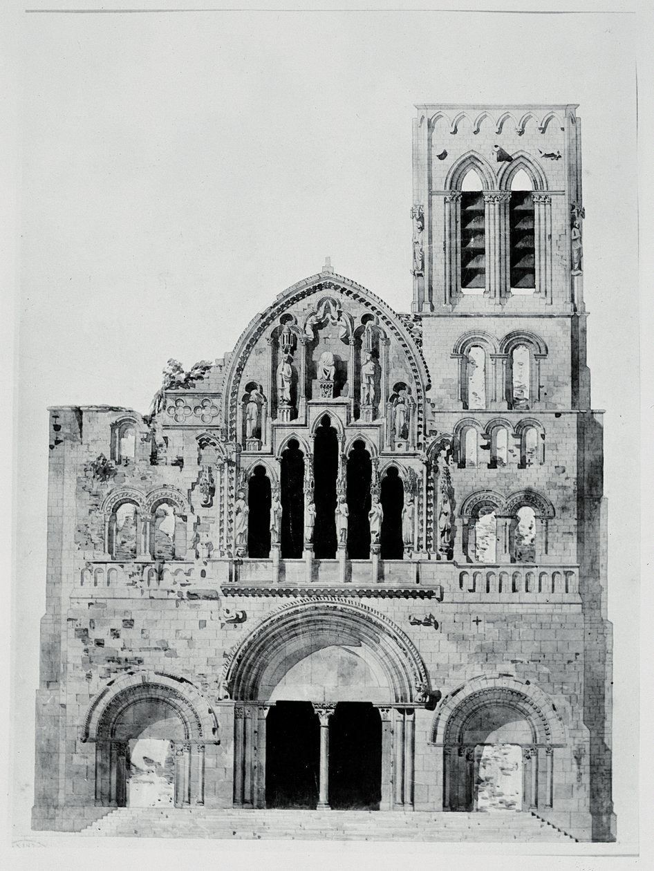Fasada La Madeleine de Vezelay (pióro i atrament i toaleta na papierze) autorstwa Eugene Emmanuel Viollet le Duc
