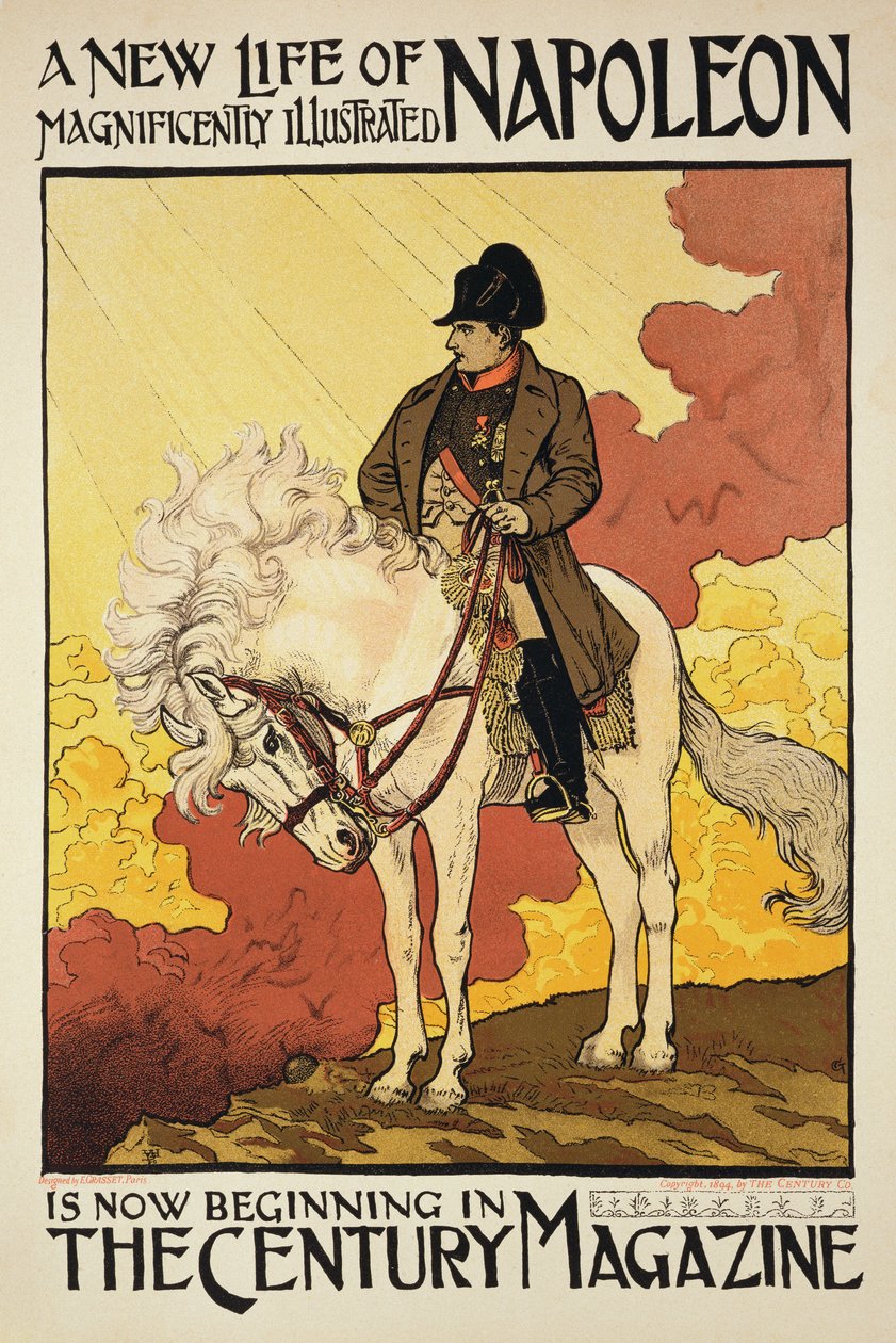 Reprodukcja plakatu reklamującego „Nowe życie Napoleona”, ilustrowanego w Century Magazine autorstwa Eugene Grasset