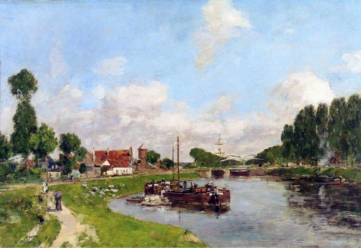 Barki na kanale w Saint-Valery-sur-Somme, 1891 r. autorstwa Eugene Louis Boudin