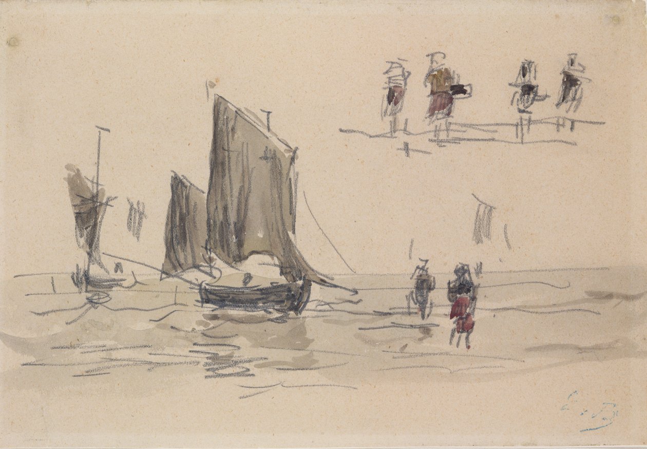 Łodzie i rybacy autorstwa Eugene Louis Boudin