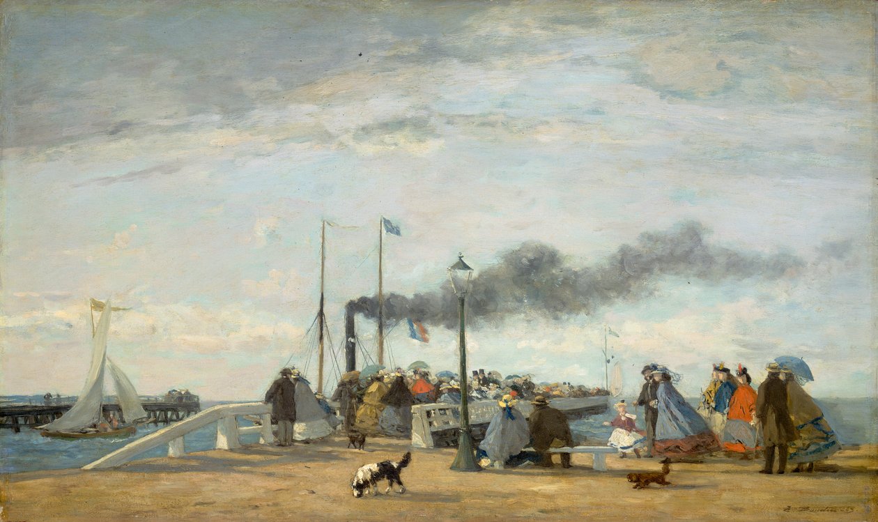 Jetty and Wharf w Trouville, 1863 (olej na drewnie) autorstwa Eugene Louis Boudin