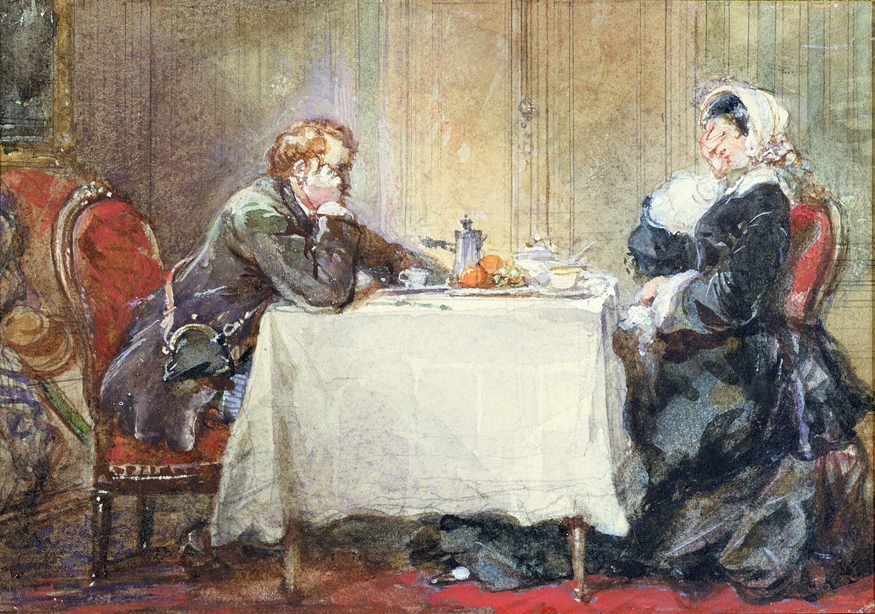 Alfred de Musset (1810-57) i George Sand (1804-76) przy stole, ilustracja z „Confession d