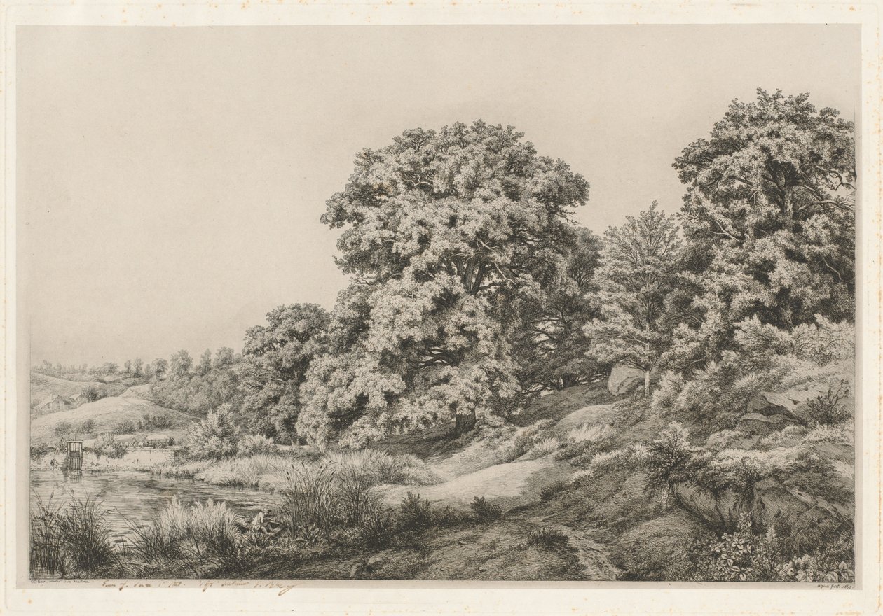 Dęby w pobliżu stawu, 1852 r. autorstwa Eugene Bléry