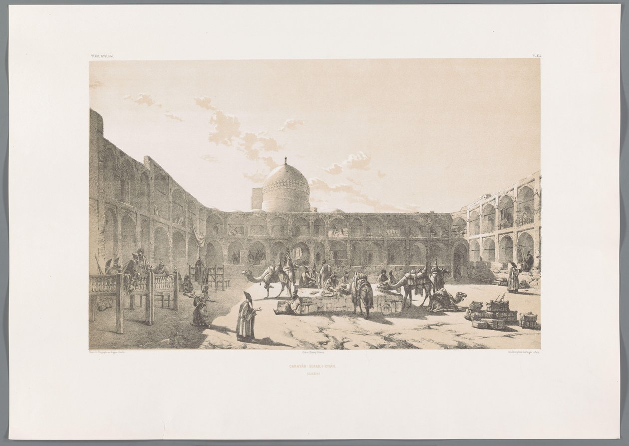 Caravanserai-i-Shah w Qazvin Caravân-Serail-I-Châh (Casbin) (tytuł na obiekcie) Perskie pejzaże (tytuł serii) Perse modern (tytuł serii) autorstwa Eugene Flandin