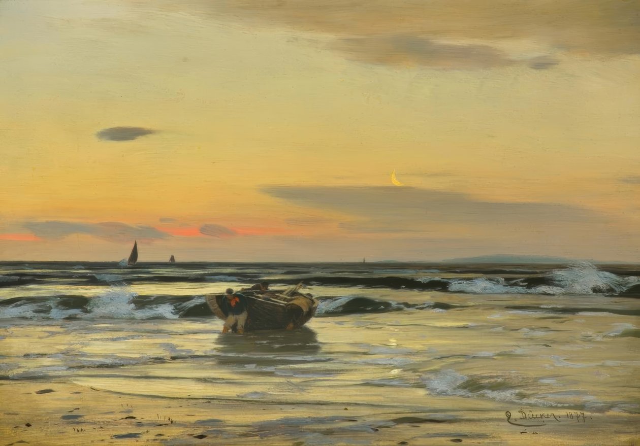 E. Dücker, na plaży (odpływająca łódź rybacka...) autorstwa Eugene Gustav Dücker
