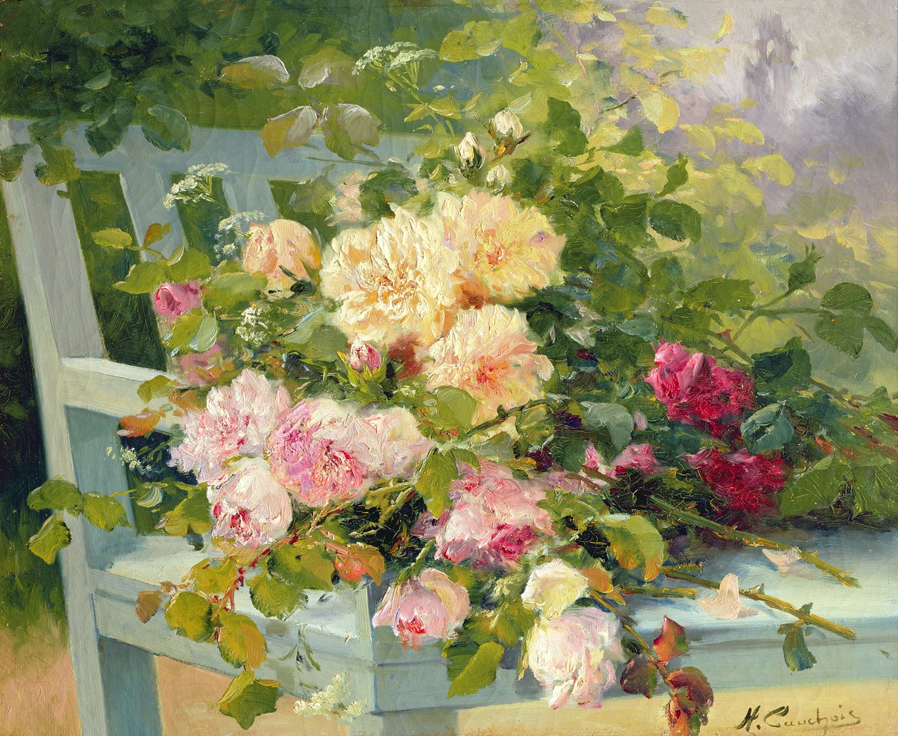 Róże na ławce autorstwa Eugene Henri Cauchois
