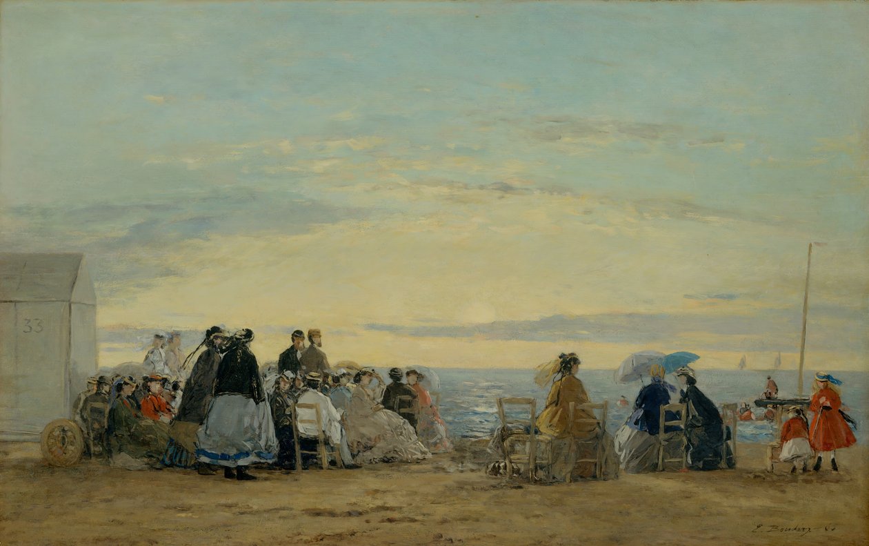 Na plaży, zachód słońca, 1865. autorstwa Eugene Louis Boudin