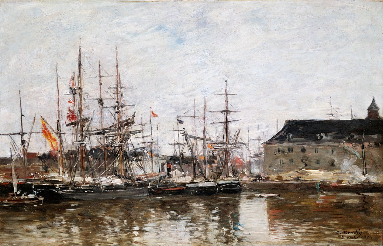 Trzech Mistrzów w Doku, Antwerpia, 1871 r. autorstwa Eugene Louis Boudin