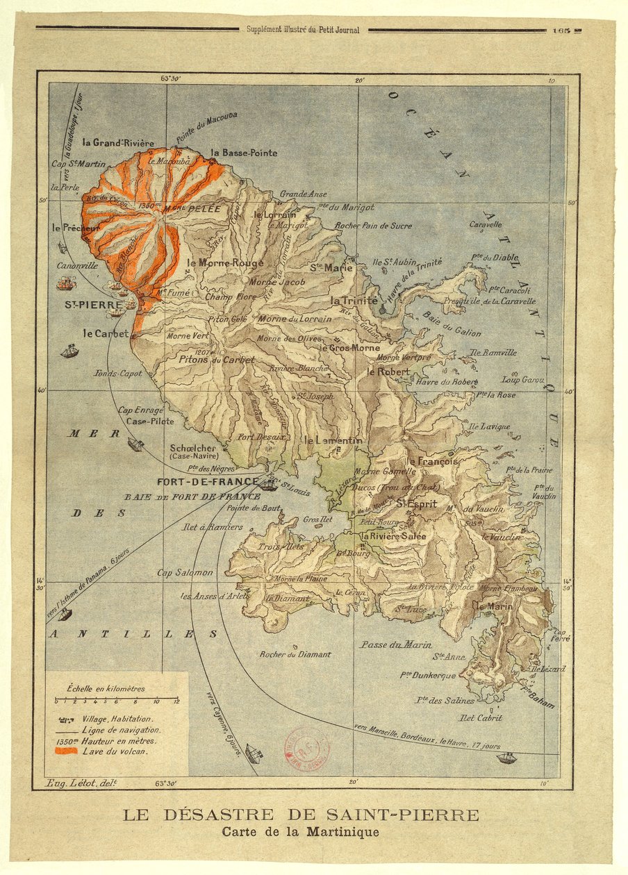 Katastrofa Saint-Pierre. Mapa Martyniki autorstwa Eugène Letot