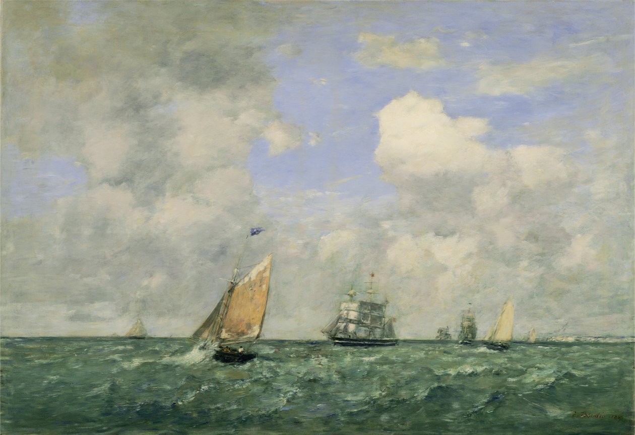 Statki i żaglówki opuszczające Le Havre autorstwa Eugène Boudin
