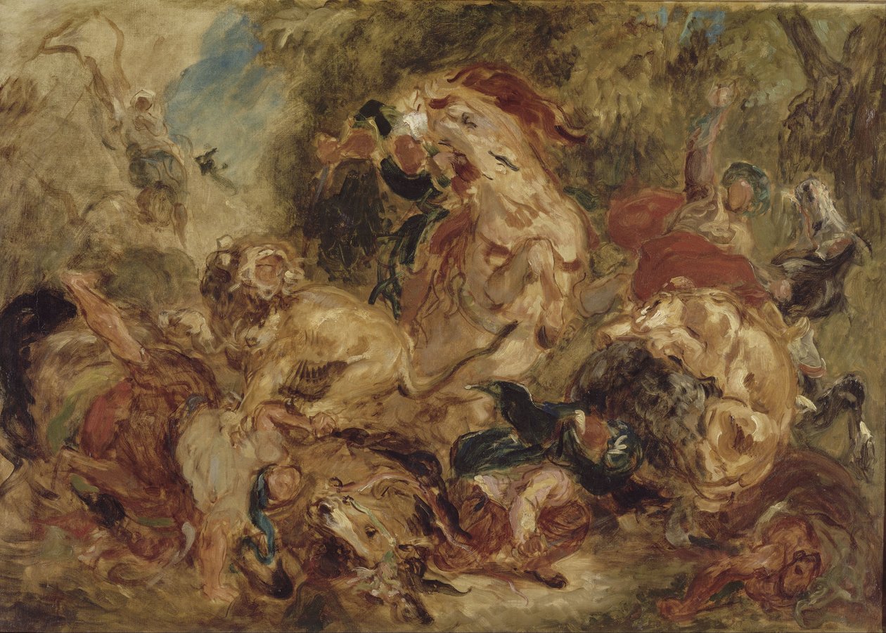 Polowanie na lwy autorstwa Eugène Delacroix