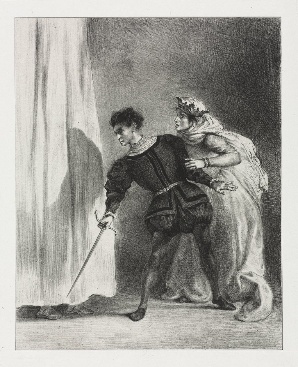 Hamlet: Morderstwo Poloniusza autorstwa Eugène Delacroix