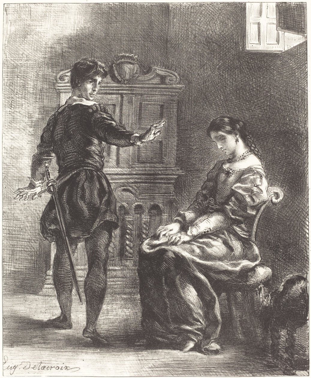 Hamlet i Ofelia (Akt III, scena I) autorstwa Eugène Delacroix