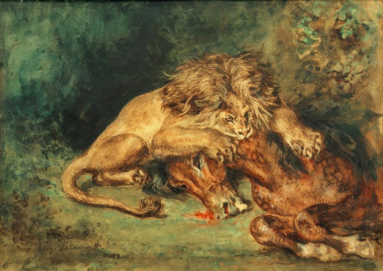 Lew szarpiący konia autorstwa Ferdinand Victor Eugene Delacroix