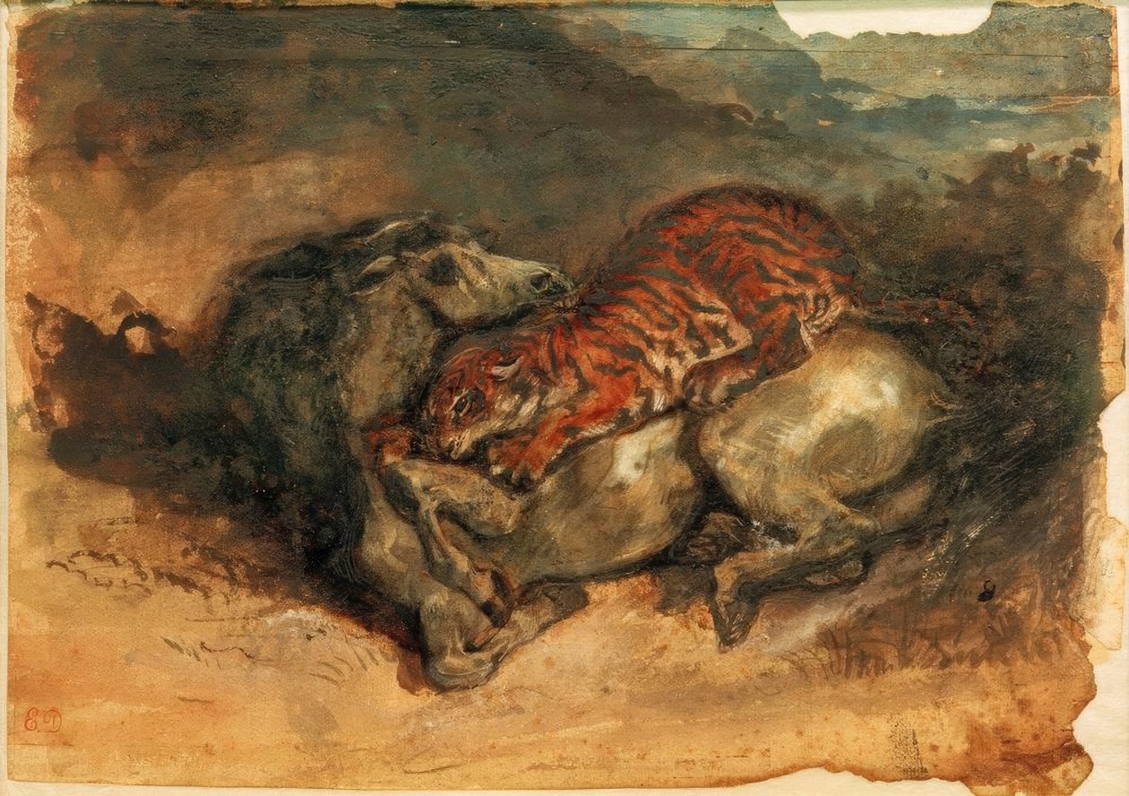 Tygrys atakuje konia autorstwa Ferdinand Victor Eugene Delacroix