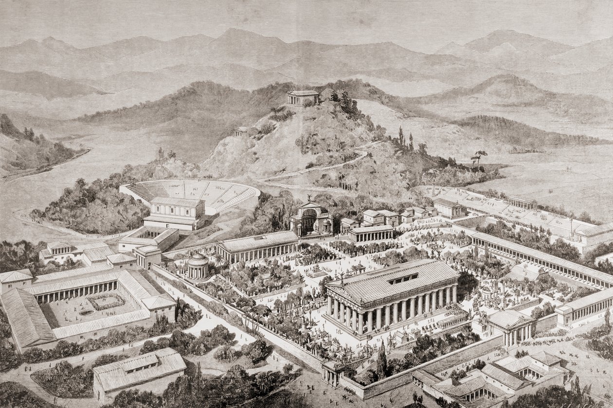 Impresje artystyczne przedstawiające Olimpię w Grecji w czasie starożytnych igrzysk olimpijskich z „El Mundo Ilustrado”, opublikowane w Barcelonie, 1880 r. autorstwa European School