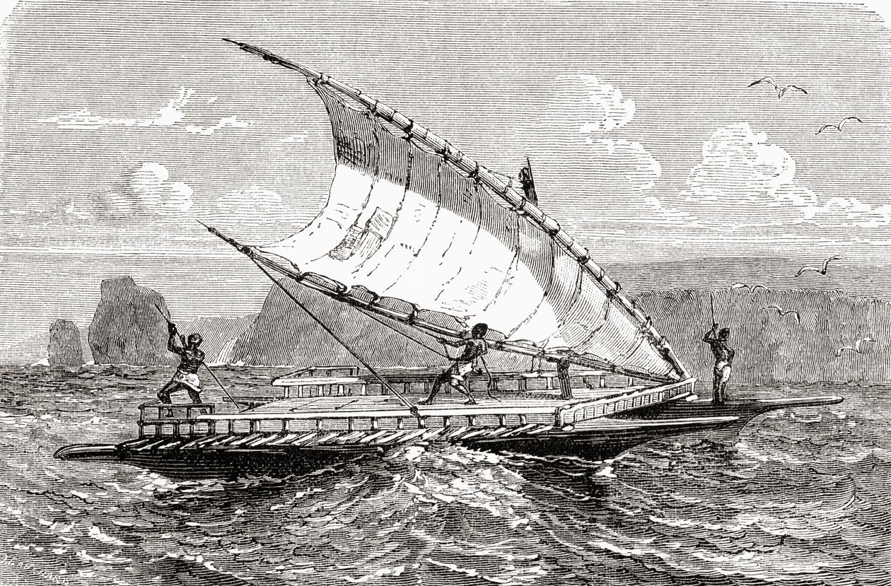 Dwuosobowe kanu z Nowej Kaledonii, z "El Mundo en la Mano", opublikowane w 1878 r. autorstwa European School