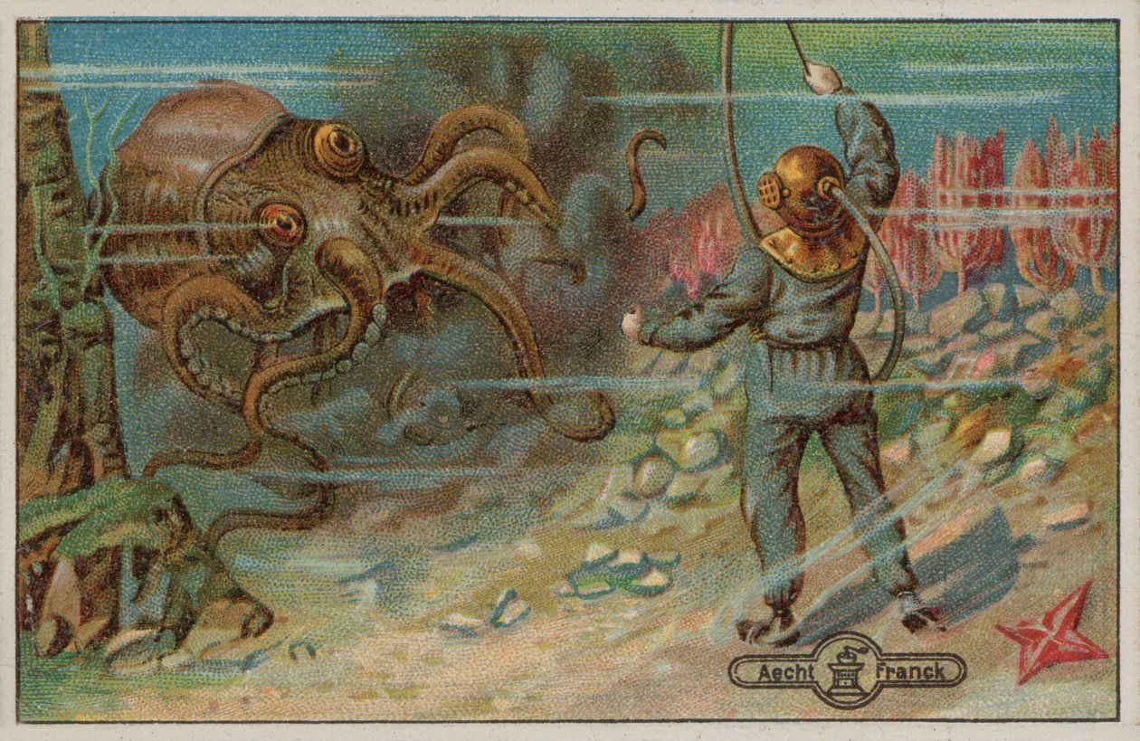 Nurek zagrożony przez ośmiornicę (chromolitho) autorstwa European School