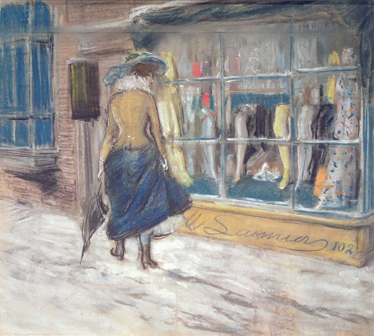 Zakupy w oknie (pastel na papierze) autorstwa Everett Shinn