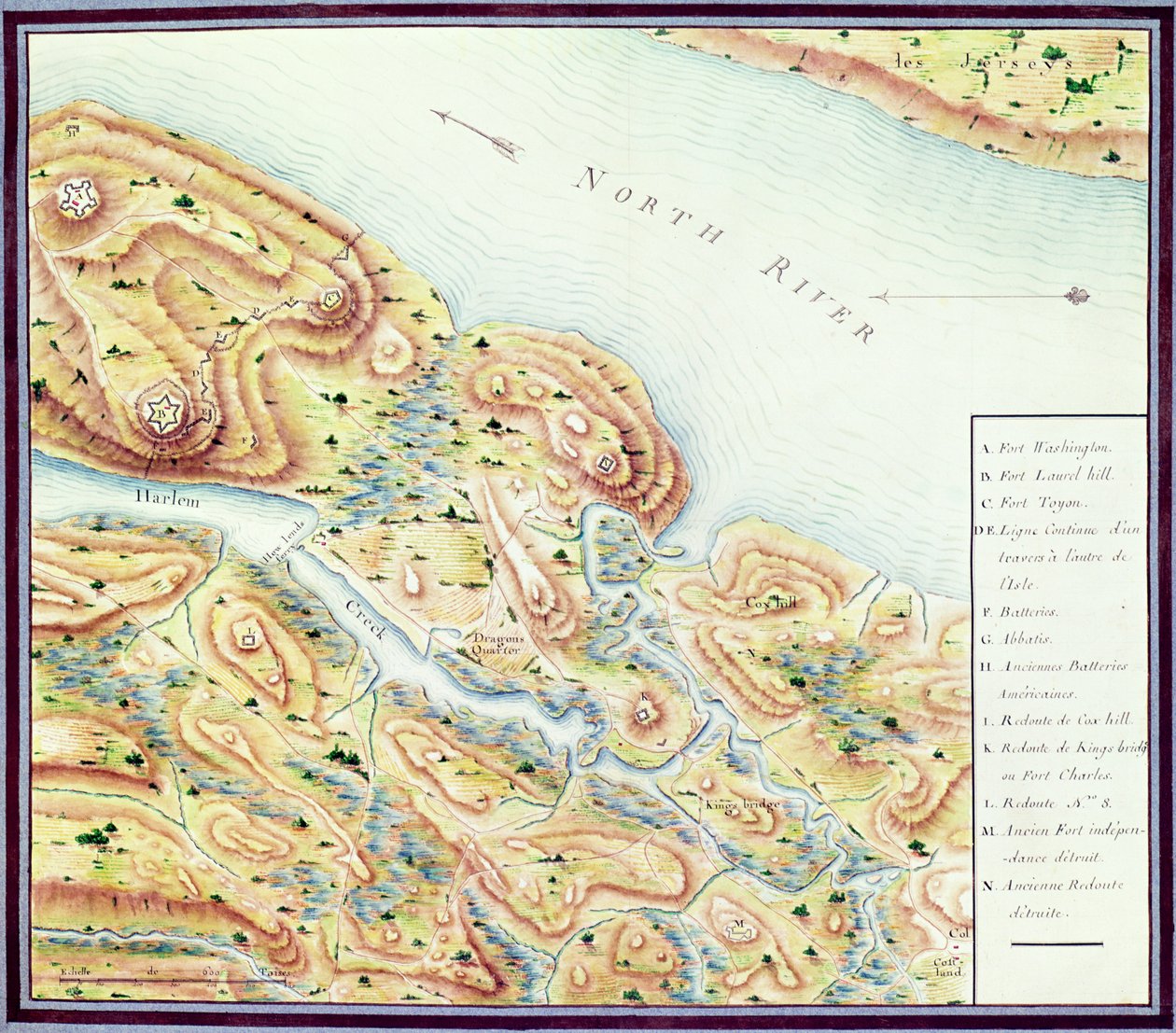 Rekonesans Mostu Królewskiego (North River), z „wojny amerykańskiej”, c.1780-81 (kolor grawerowany) autorstwa F. Dubourg