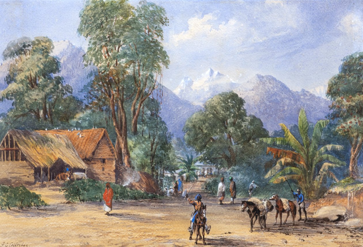 Wioska w Himalajach (akwarela) autorstwa F.G. Coleridge