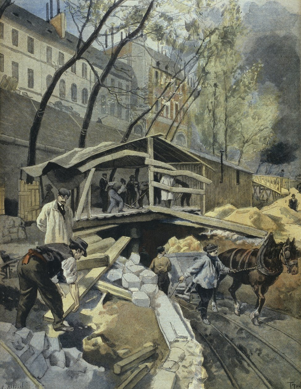 Praca nad metropolitą, Paryż, ilustracja z "Le Petit Journal: Supplement illustre", 14 maja 1899 r. autorstwa F.L. and Tofani, Oswaldo Meaulle