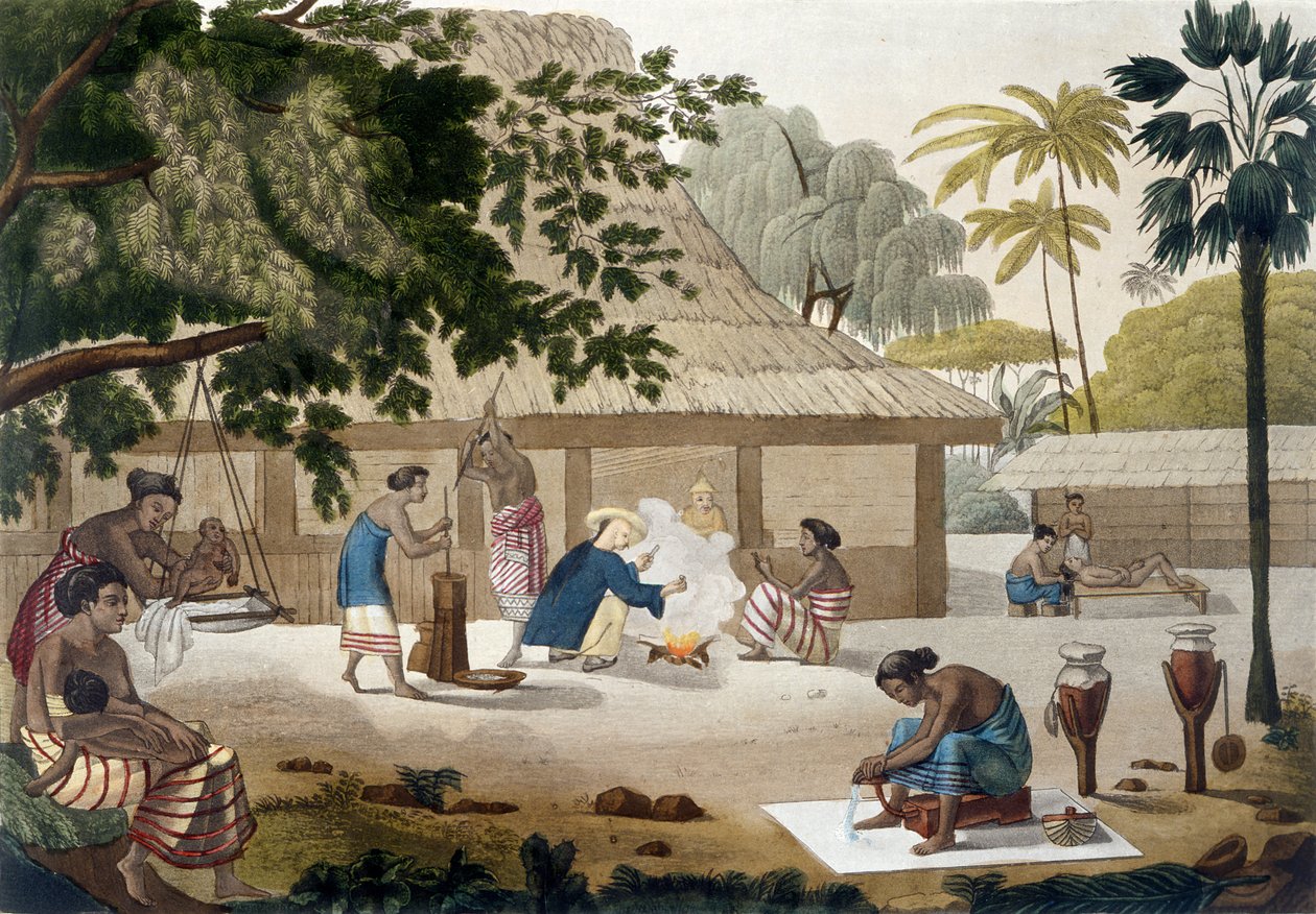 Życie domowe w Kupang, Timor, płyta 10 z „Le Costume Ancien et Moderne” Julesa Ferrario, wydana ok. 1820-30 autorstwa Felice Campi