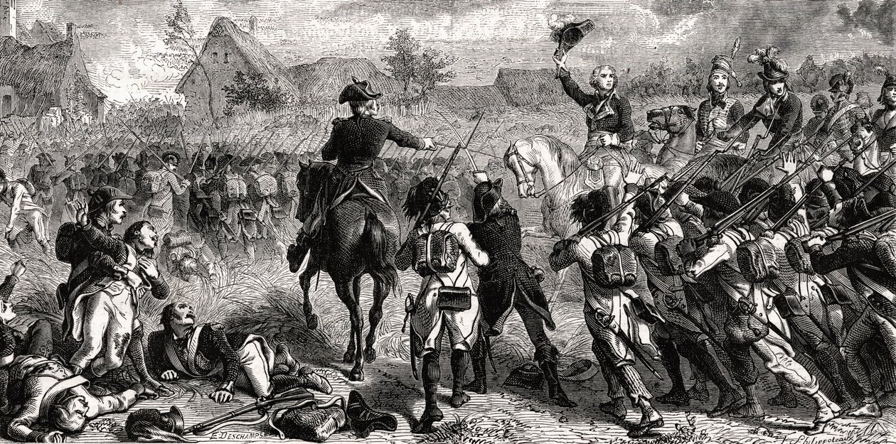 Bitwa pod Fleurus, 26 czerwca 1794, grawerowana przez Emile Deschamps autorstwa Felix Philippoteaux