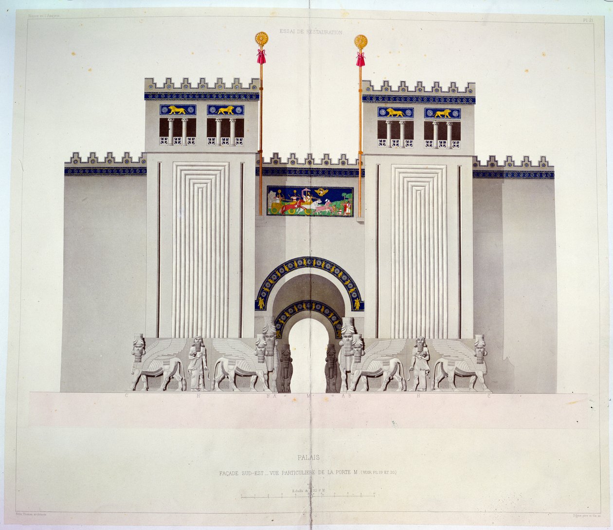 Rekonstrukcja wejścia do pałacu Sargona II (721-705 pne) w Chorsabadzie, Irak, 1867 (kolorowe grawerowanie) autorstwa Felix Thomas