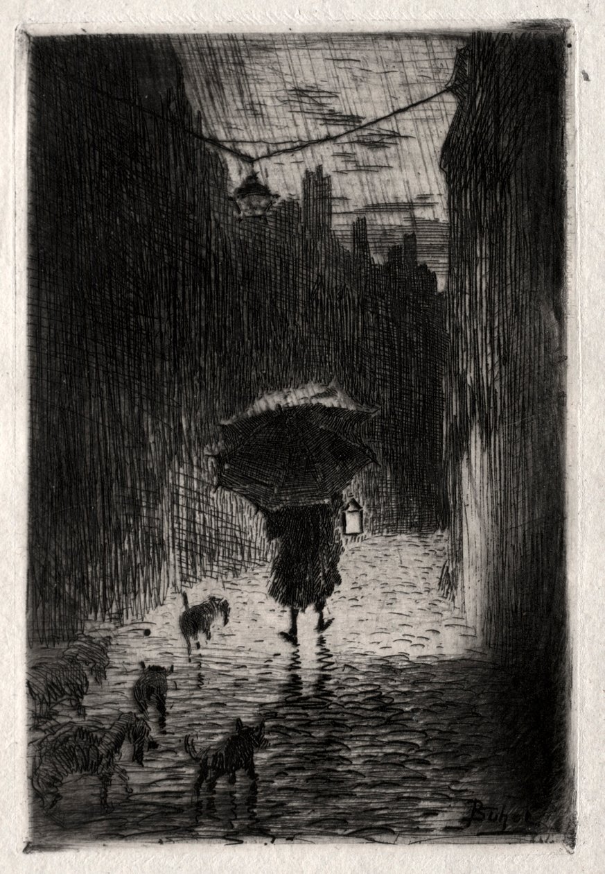 Deszcz i parasol, ok. godz. 1875. autorstwa Felix Hilaire Buhot