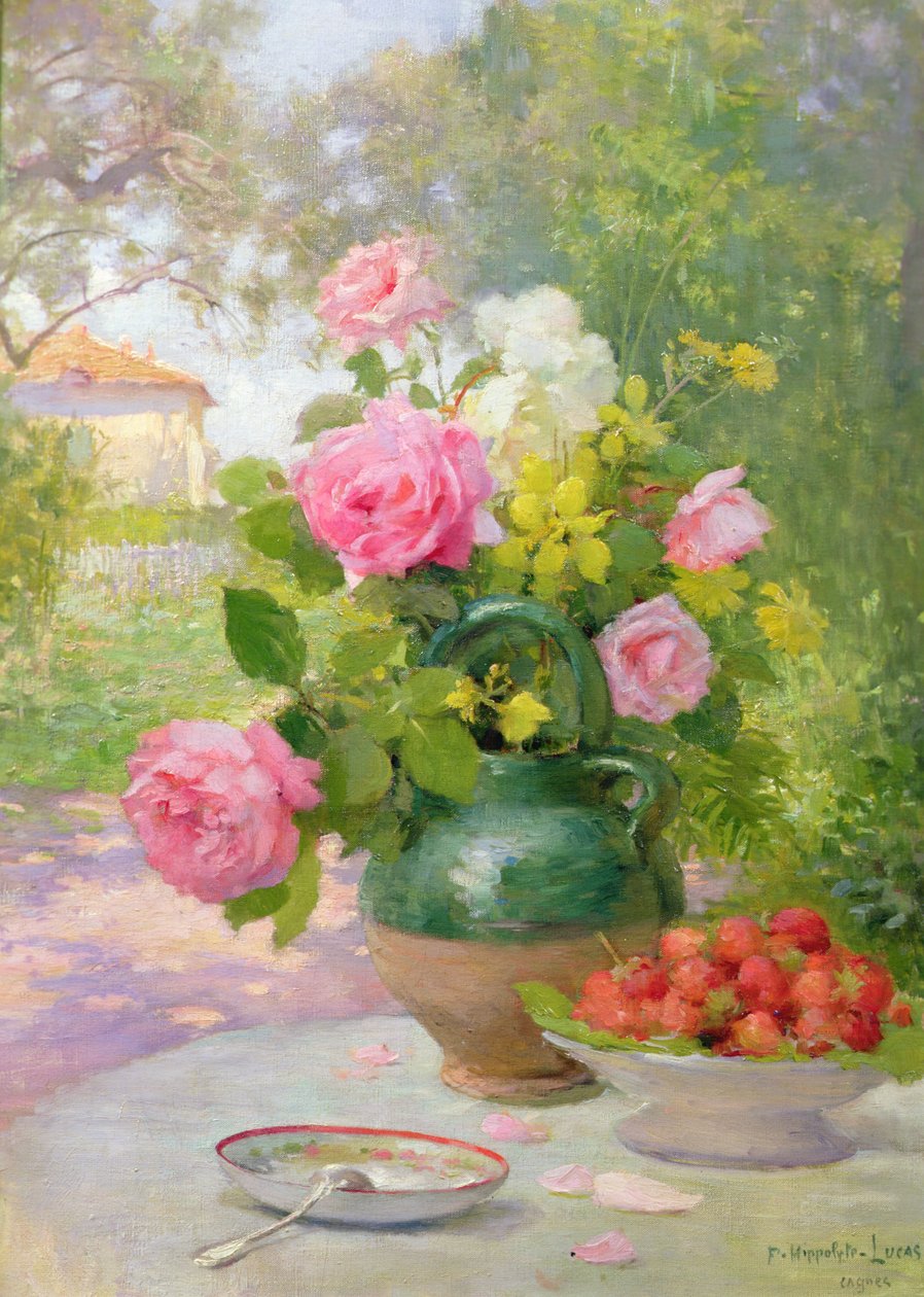 Martwa natura róż i truskawek autorstwa Felix Hippolyte Lucas