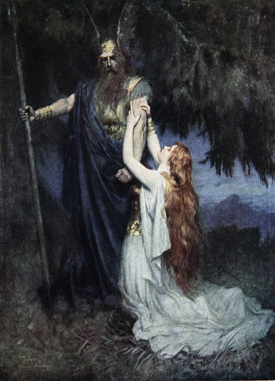 Brunhilda uklękła u jego stóp, z „Opowieści oper Wagnera” J. Walkera McSpaddena (1874-1960), 1905 autorstwa Ferdinand Leeke