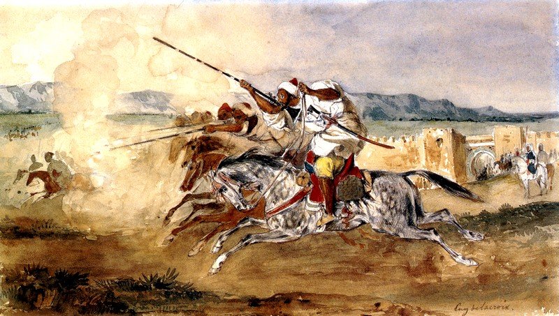 Fantasia lub Game of Powder, przed wejściem do miasta Méquinez autorstwa Ferdinand Victor Eugene Delacroix