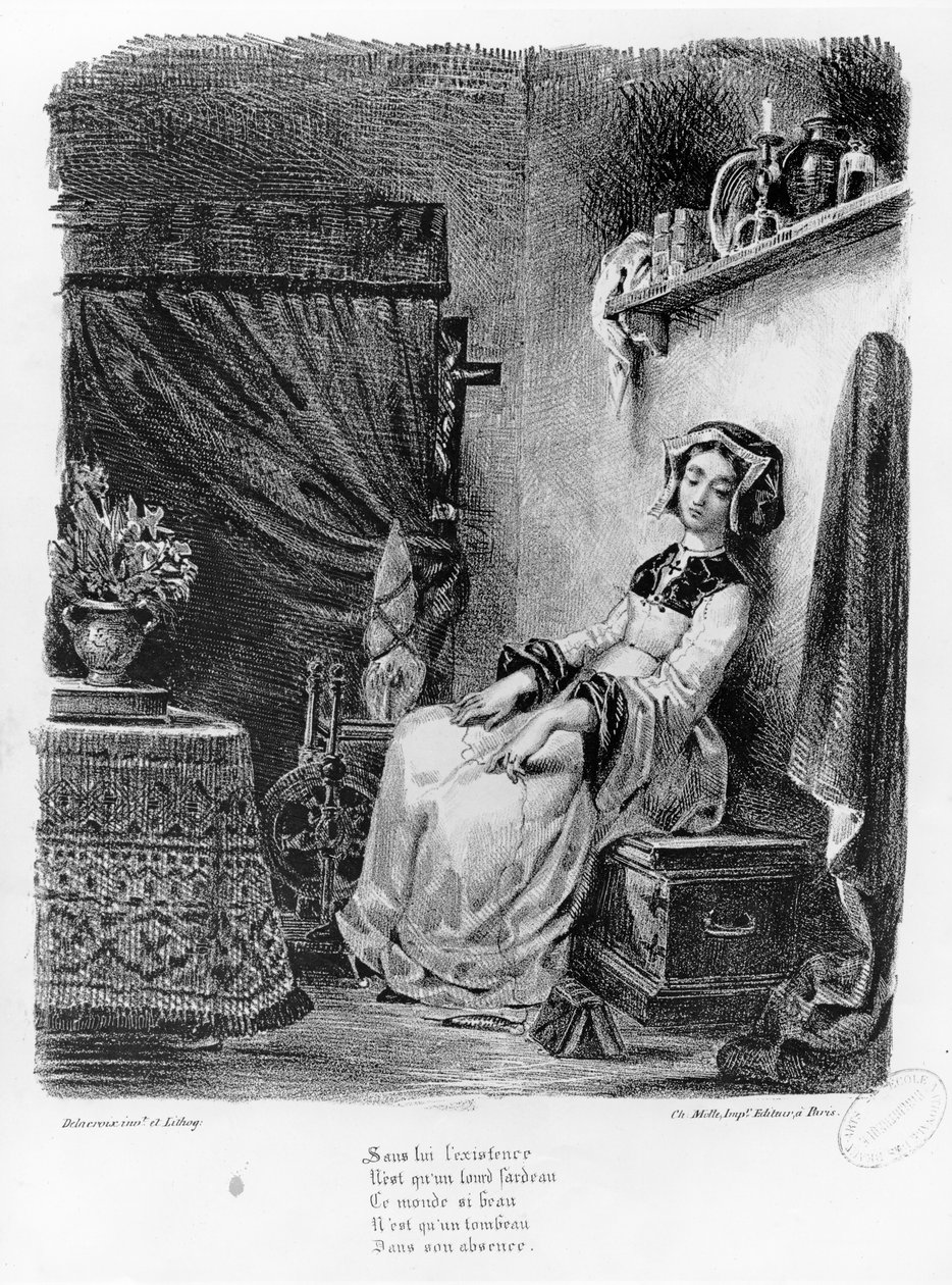 Małgorzata w swoim pokoju, z Fausta Goethego, (ilustracja), (bw zdjęcie litografii) autorstwa Ferdinand Victor Eugene Delacroix