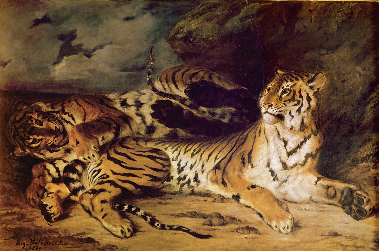 Młody tygrys bawi się z matką, 1830 autorstwa Ferdinand Victor Eugene Delacroix