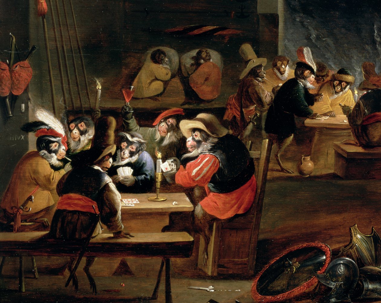 Małpy w tawernie, fragment gry karcianej (detal 64505) autorstwa Ferdinand van Kessel