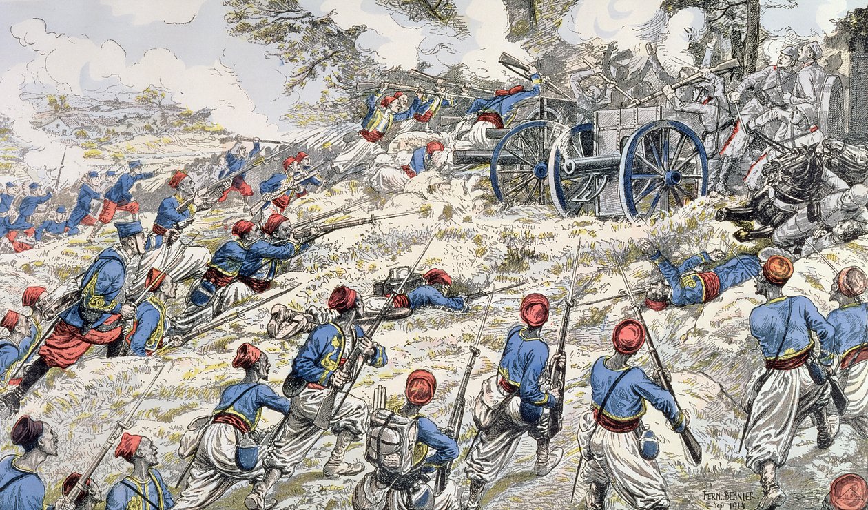 Algierscy strzelcy armii francuskiej atakują niemieckie działa podczas bitwy nad Marną w 1918 r. autorstwa Fernand Auguste Besnier