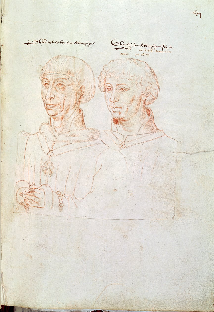 Ms 266 f.61 Filip III Dobry (1396-1467) Książę Burgundii i jego syn Karol Śmiały (1433-77) z „Recueil d