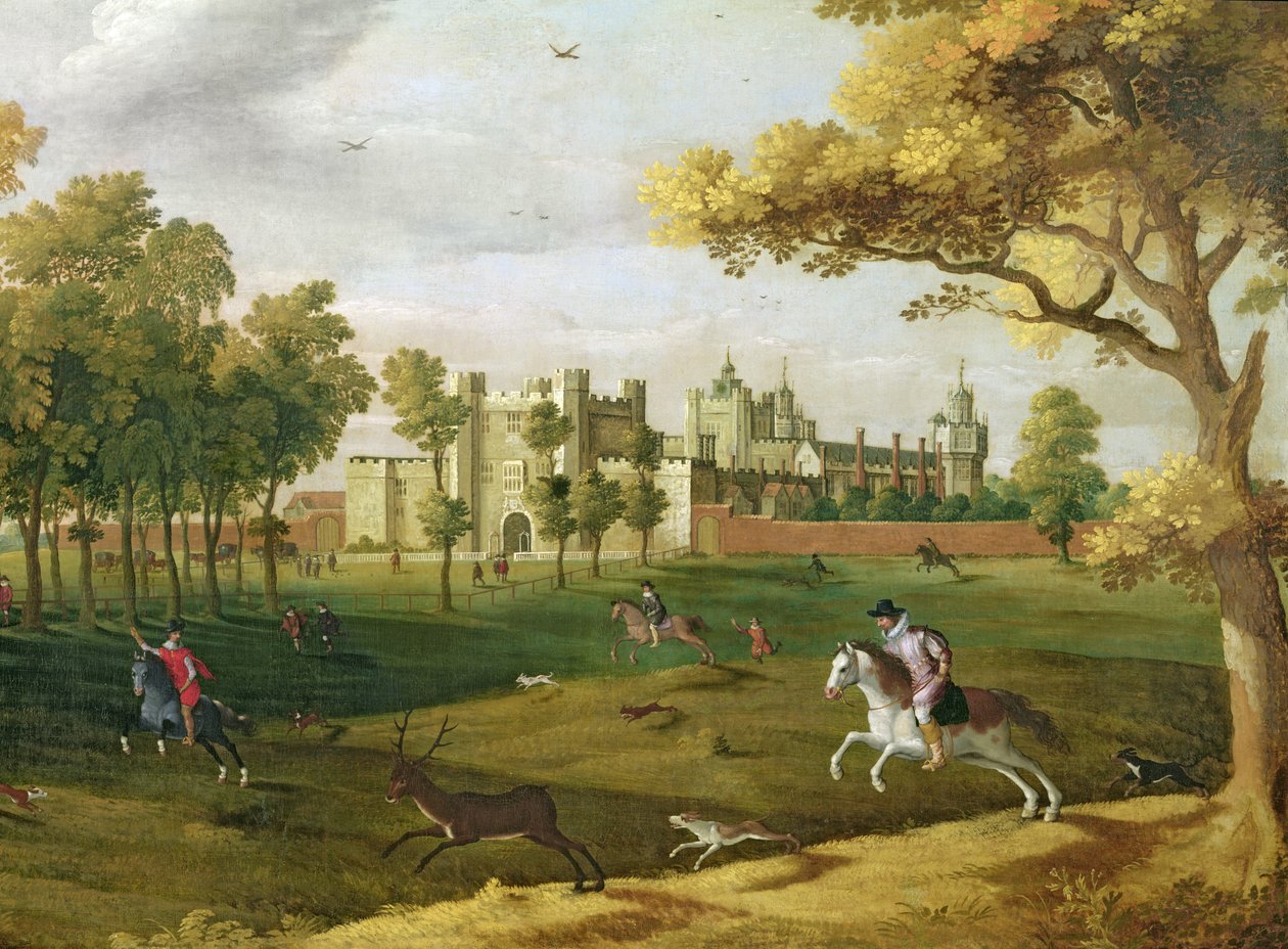 Pałac Nonsuch w czasach króla Jakuba I, początek XVII w. (detal z 65995) autorstwa Flemish School