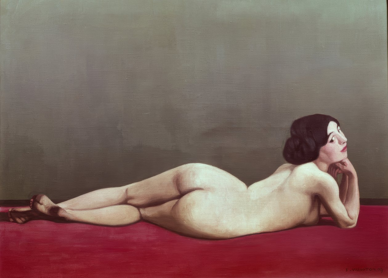 Leżąc nago na czerwonym dywanie autorstwa Félix Vallotton